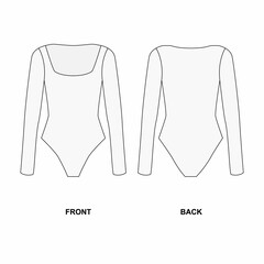 Canvas Print - Technical drawing of a long-sleeved sports swimsuit. Line sketch of female body with deep neckline, front and back view. 