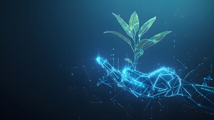 A glowing low poly wireframe illustration of a digital hand holding a plant, representing a sustainable economy on a blue technological background