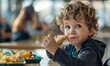 © simba kim - Young boy preschooler sitting in the school cafeteria eating lunch, Generative AI