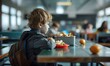 © simba kim - Young boy preschooler sitting in the school cafeteria eating lunch, Generative AI