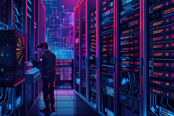 Poster - Man Working in a Server Room, Design a visually striking artwork that showcases the efficiency and reliability of network-attached storage