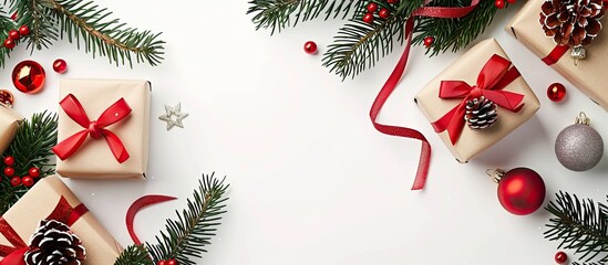 Poster - Top view of a festive Christmas background featuring tree branches decorations gift boxes with ribbons on a white background perfect for adding text with copy space image