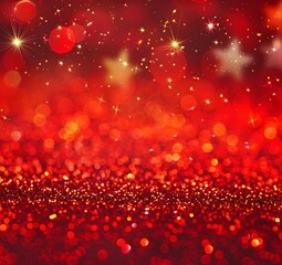Wall Mural - red glitter background with stars and bokeh lights