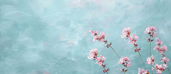 Poster - Wavyleaf sea lavender also called Limonium sinuatum displays sea pink flowers against a blue watercolor backdrop with a blank card in the copy space image