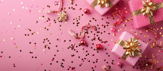Poster - A stylish pink background with gold sequins showcasing gift boxes ideal for Christmas or New Year concept in a flat lay copy space image