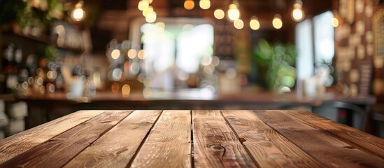 Aufkleber - Empty brown wooden table with a blurred coffee shop background perfect for product display or photomontage with copy space image