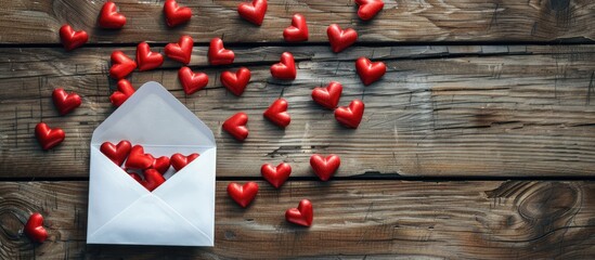 Fototapete - A spill of red hearts from a white envelope adding a touch of emotion to the copy space image