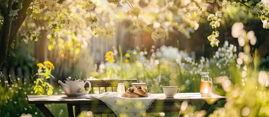 Aufkleber - Minimalistic brunch scene in a garden with blooming spurge flowers perfect as a backdrop for any design with ample copy space image