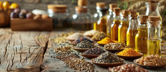 Various seeds and oils displayed on a rustic wooden table with ample copy space image