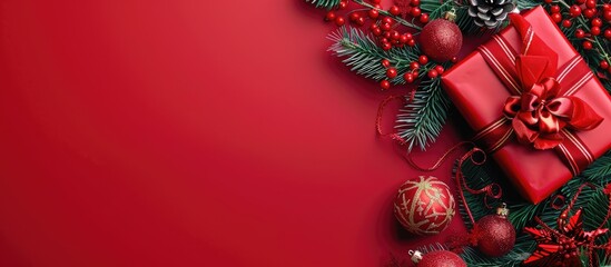 Fototapete - Festive Christmas background featuring a banner with a gift box Christmas ball decorations fir branches and ample copy space image on a vibrant red backdrop