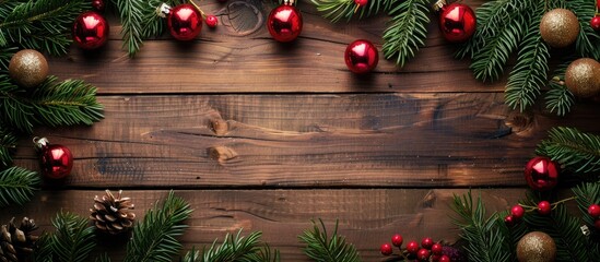 Aufkleber - Natural light wooden plank background adorned with fir and Christmas baubles providing a serene setting for copy space image