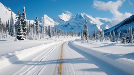 a snow-covered road unfolds towards majestic, snow-drizzled mountains in the distance, encapsulating