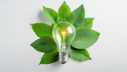 Wall Mural - green eco friendly lightbulb from fresh leaves top view. energy saving, ecology and environment sust