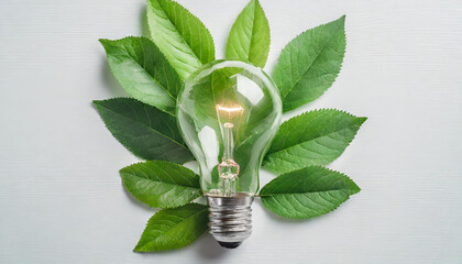Wall Mural - green eco friendly lightbulb from fresh leaves top view. energy saving, ecology and environment sust