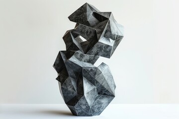 Canvas Print - A black and gray abstract sculpture stands on a white surface, Design an abstract sculpture representing the interconnectedness of blockchain technology in the fintech industry