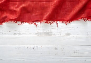 Wall Mural - Red Linen Fabric On White Wooden Background