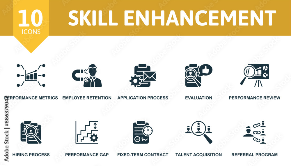 Skill Enhancement icon set. Performance Metrics, Employee Retention ...