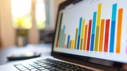 Poster - A close-up of a laptop screen displaying a colorful bar graph showing quarterly revenue.
