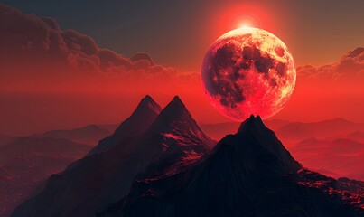 Poster - Red Moon Rising Over Mountain Range