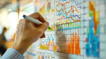 Aufkleber - A close-up of hands drawing a business graph on a whiteboard with markers.