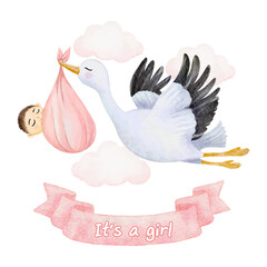 Baby shower card It's a girl with a flying stork carries a baby girl on sky background. Watercolor baby shower. Vector illustration