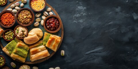 Poster - A plate of food with a variety of different foods on it. The plate is on a black background