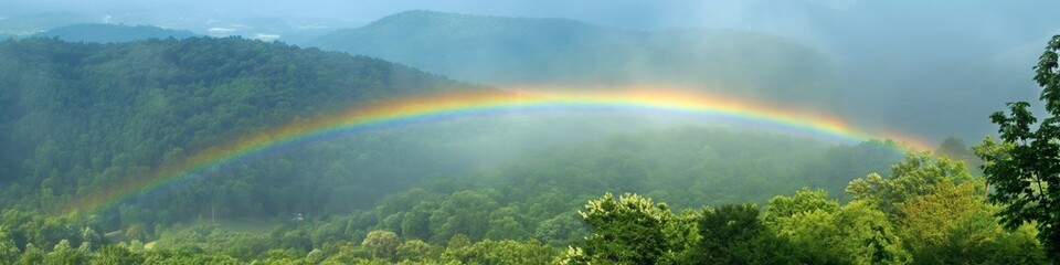 Wall Mural - A rainbow is seen in the sky above a forest. The sky is cloudy and the rainbow is very bright