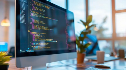 Computer screen with code in modern office.