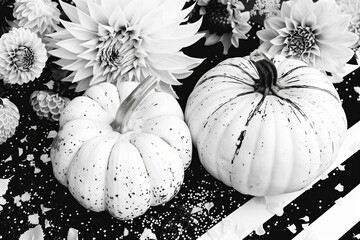 white black striped pattern flying levitating pumpkins on a black and white striped background with black and white dahlias monochrome Halloween trend