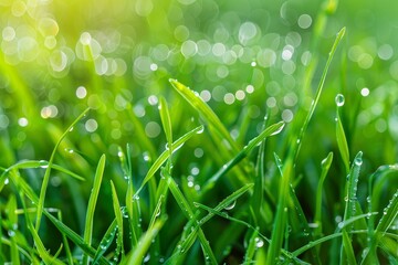 Canvas Print - Close-up view of vibrant green grass blades covered in glistening water droplets, Dewdrops glistening on fresh, newly grown grass