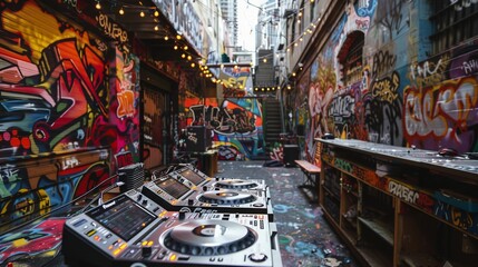 Poster - A DJ set up in an alley with colorful graffiti on the walls.
