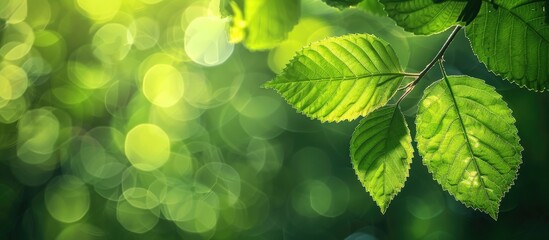 Wall Mural - Nature view with a close-up of a green leaf against a blurred green backdrop bathed in sunlight with bokeh effects, ideal for an ecology wallpaper or natural plants landscape with copy space image.