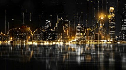 Golden Cityscape: A futuristic vision of a city illuminated by a shimmering network of data streams, reflecting the interconnectedness and dynamism of modern life.