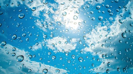 Wall Mural - water drops on glass with blue sky and clouds