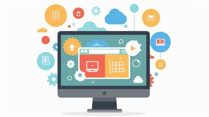 Computer screen with icons representing web development.