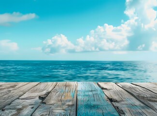 Wall Mural - Wooden Tabletop With Ocean View & Blue Sky