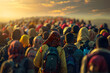 © john - Crowd of refugee people goes in a line and a humanitarian disaster zone to cross the border into another country. 
