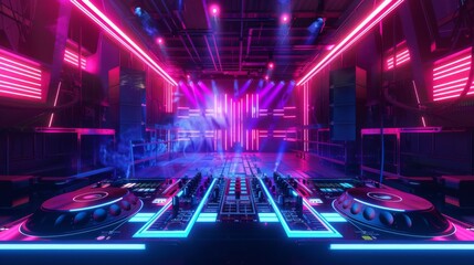 Poster - A DJ mixer sits in the center of a nightclub, surrounded by vibrant pink and blue neon lights.