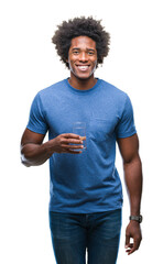 Sticker - Afro american man drinking glass of water over isolated background with a happy face standing and smiling with a confident smile showing teeth