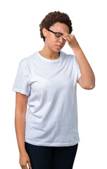 Sticker - Beautiful young african american woman wearing glasses over isolated background tired rubbing nose and eyes feeling fatigue and headache. Stress and frustration concept.