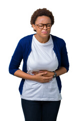 Sticker - Young beautiful african american woman wearing glasses over isolated background with hand on stomach because nausea, painful disease feeling unwell. Ache concept.