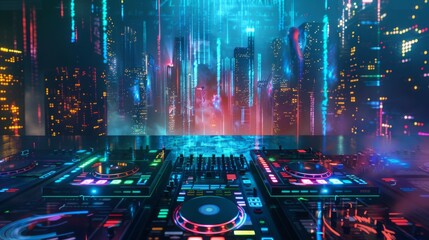 Poster - A DJ mixer sits in the foreground, with a brightly lit neon city skyline in the background.