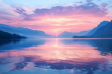 Poster - A breathtaking sunset casts a warm glow over a quiet lake, reflecting the silhouette of towering mountains in the distance, Dreamy sunset over a calm lake with reflections of the sky