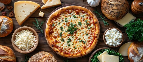 Wall Mural - Pizza with cheese, herbs and bread on a wooden table