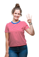 Wall Mural - Beautiful brunette curly hair young girl wearing casual look over isolated background showing and pointing up with fingers number four while smiling confident and happy.