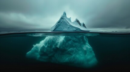 Iceberg floating on sea ocean water. Frozen block iceberg, arctic landscape. Hidden threat or danger