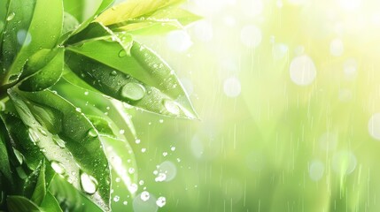 Vivid green leaves with raindrops in sunlight, summer day