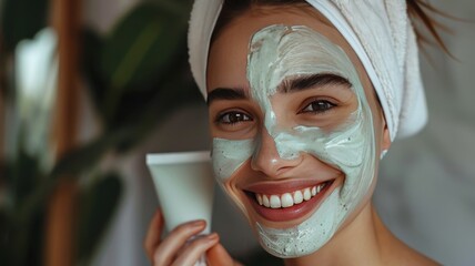 smiling woman with a facial mask and towel on her head holding skincare product, demonstrates beauty