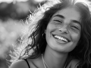 A woman with freckles smiling in a black and white photo, suitable for use on social media or as a portrait image