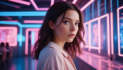 Wall Mural - A young woman with pale skin, blue eyes, and dark hair looking thoughtful against a backdrop of glowing digital data streams and lights